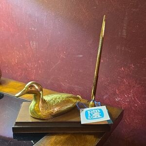 RARE: PM Craftsman Brass Duck/Wood Base Desktop Pen Holder w/Original Pen - NWT